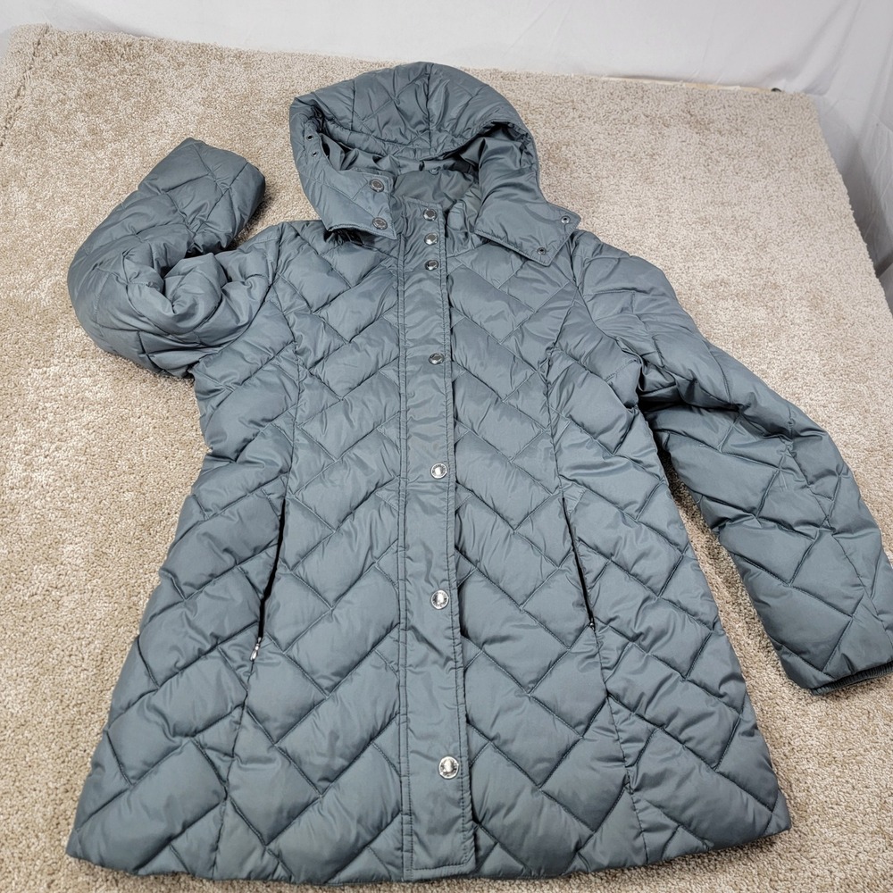 Tower by London Fog Womens Gray Quilted Puffer Jacket Hooded Snap Front Size LG